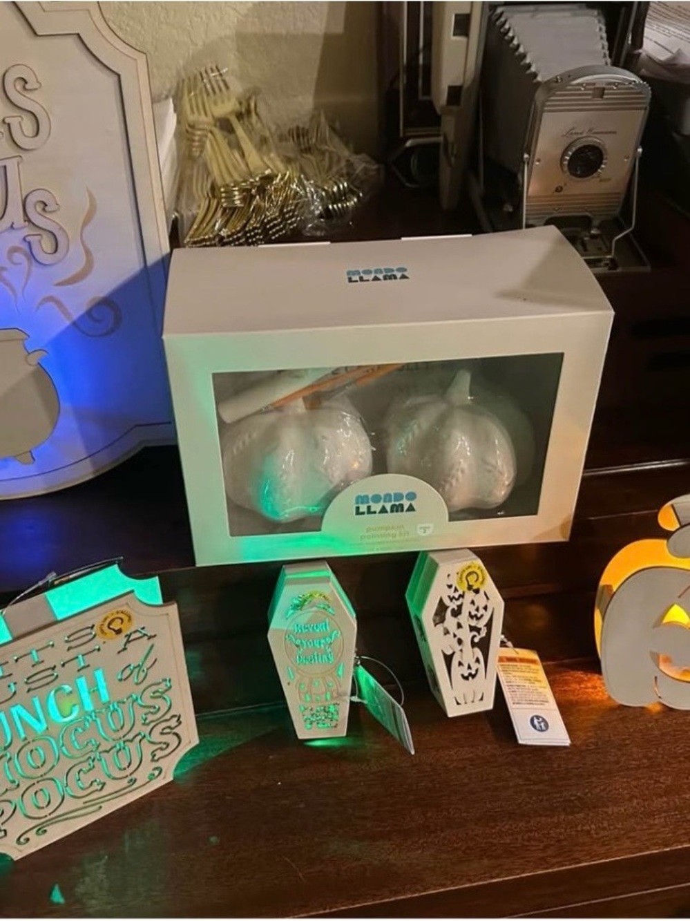 Halloween Craft bundle - LEDs Wooden Signs, coffins, & ceramic pumpkins
